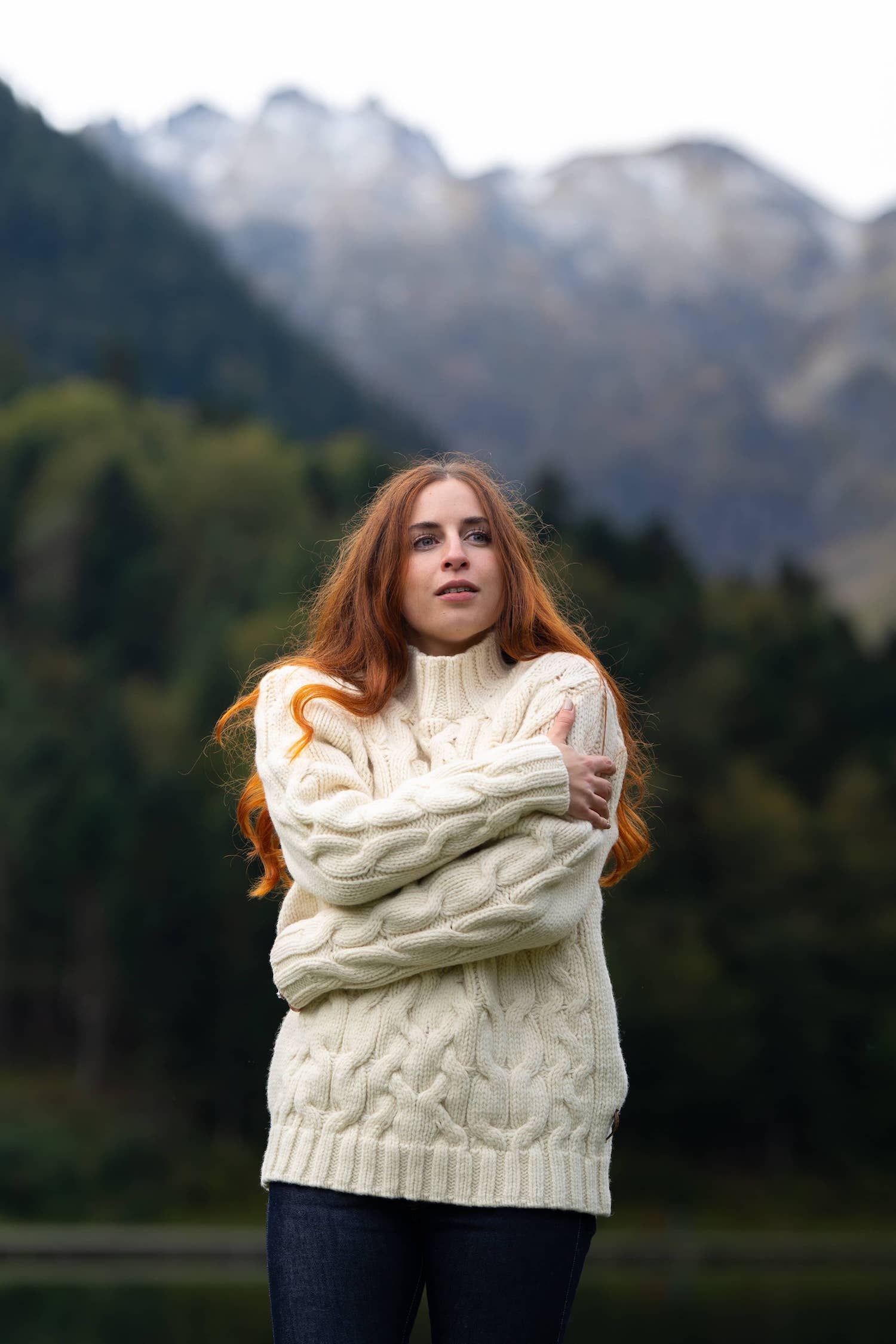 Pull torsades irlandais laine femme, 100% laine française, col montant, loose, made in France, Pyrénées, maison izard