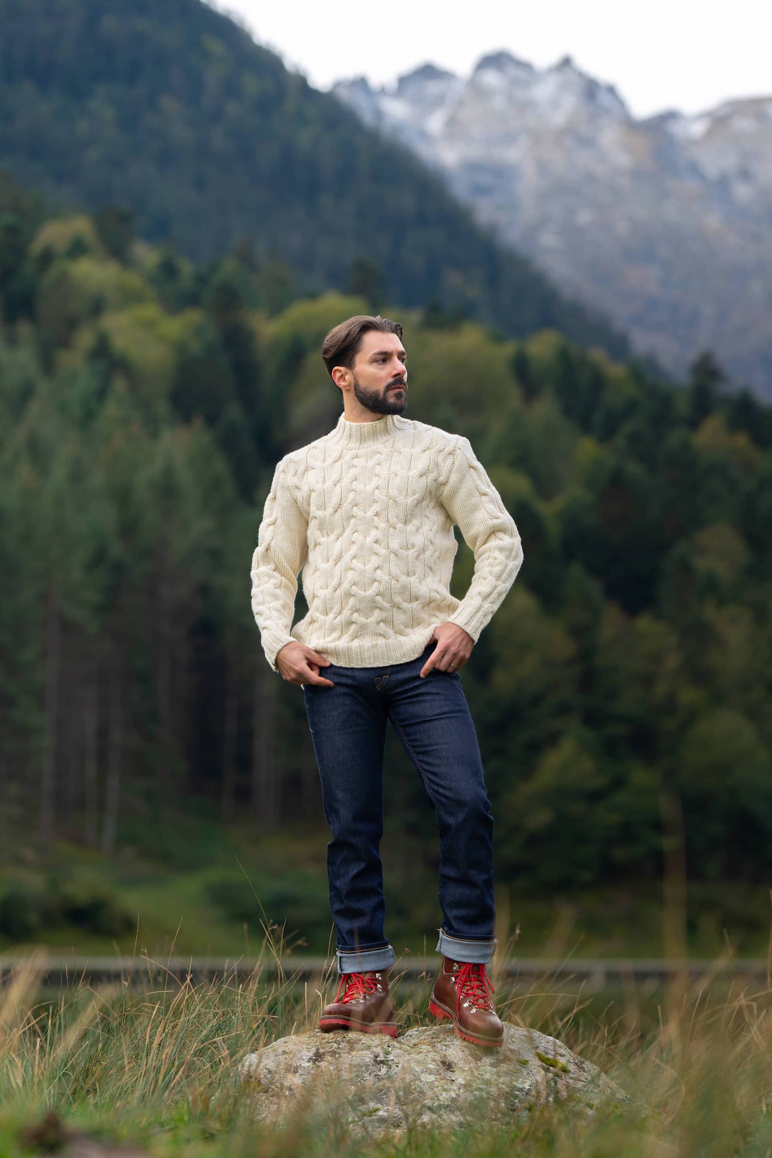 Pull torsades irlandais laine homme, 100% laine française, col montant, loose, made in France, Pyrénées, maison izard