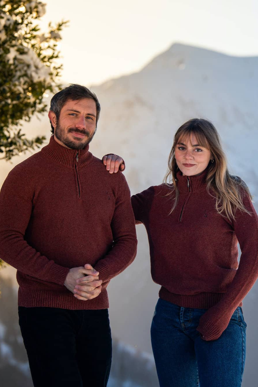 pull en laine éthique et responsable mixte, col camionneur montant, marron, rouille, cognac, laine des Pyrénées et coton recyclé maison izard made in france