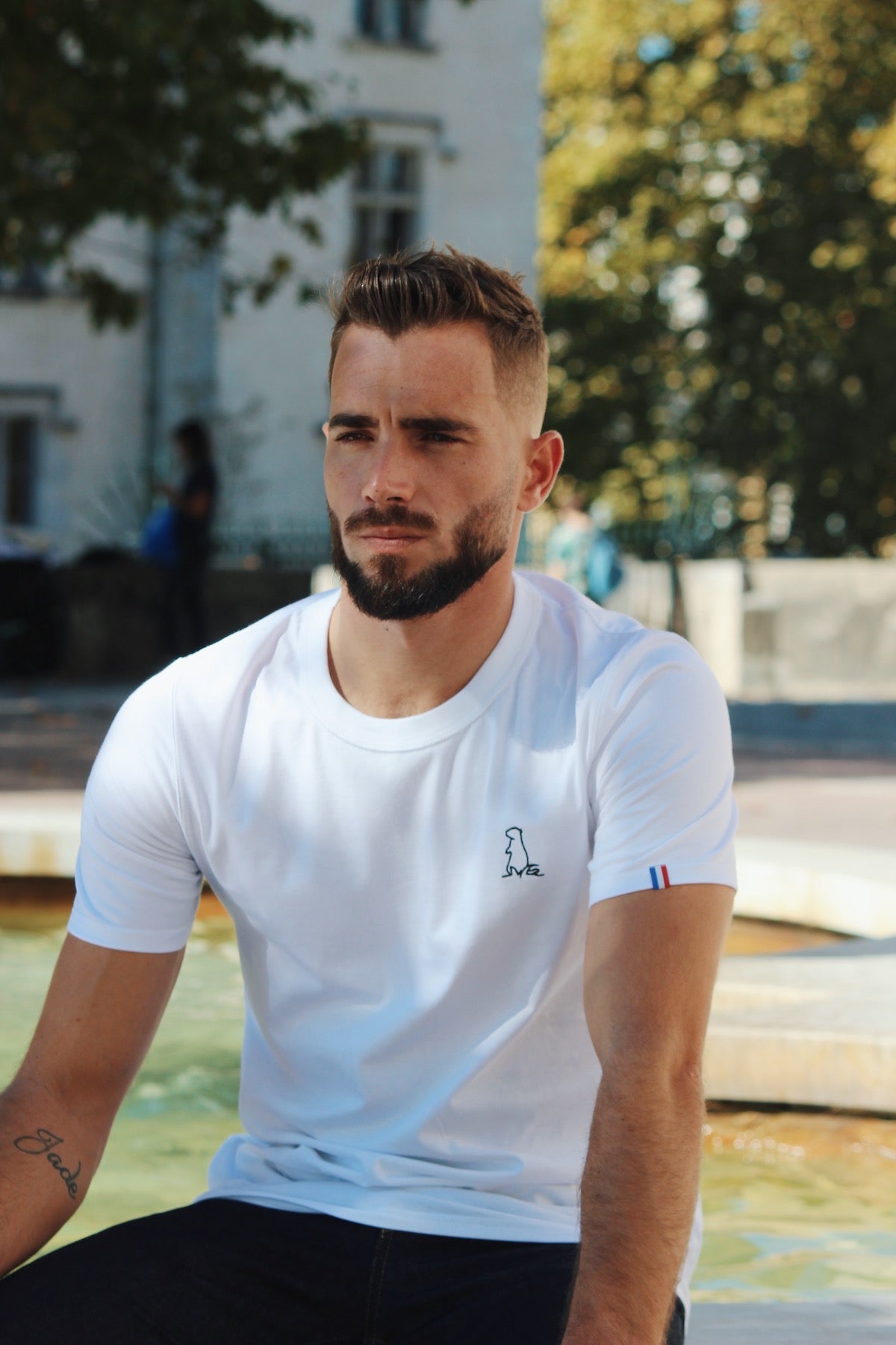 men organic cotton t-shirt, white, straight cut, marmot embroidery, made in France, Pyrénées, maison izard