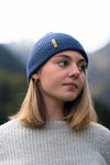 bonnet femme éthique et responsable, bleu, en laine des Pyrénées et coton recyclé ♻️, made in France 🇫🇷, maison izard