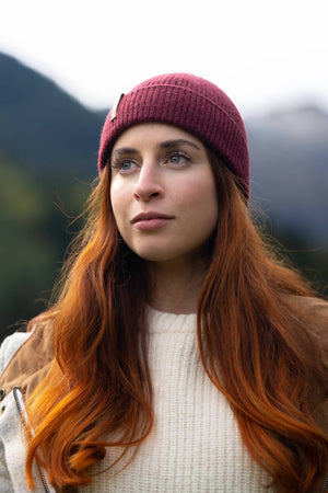 bonnet femme éthique et responsable, rouge bordeaux, en laine des Pyrénées et coton recyclé ♻️, made in France 🇫🇷, maison izard