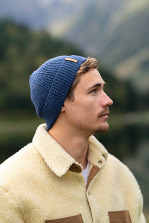 bonnet homme éthique et responsable, bleu, en laine des Pyrénées et coton recyclé ♻️, made in France 🇫🇷, maison izard