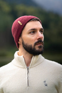 bonnet homme éthique et responsable, rouge bordeaux, en laine des Pyrénées et coton recyclé ♻️, made in France 🇫🇷, maison izard