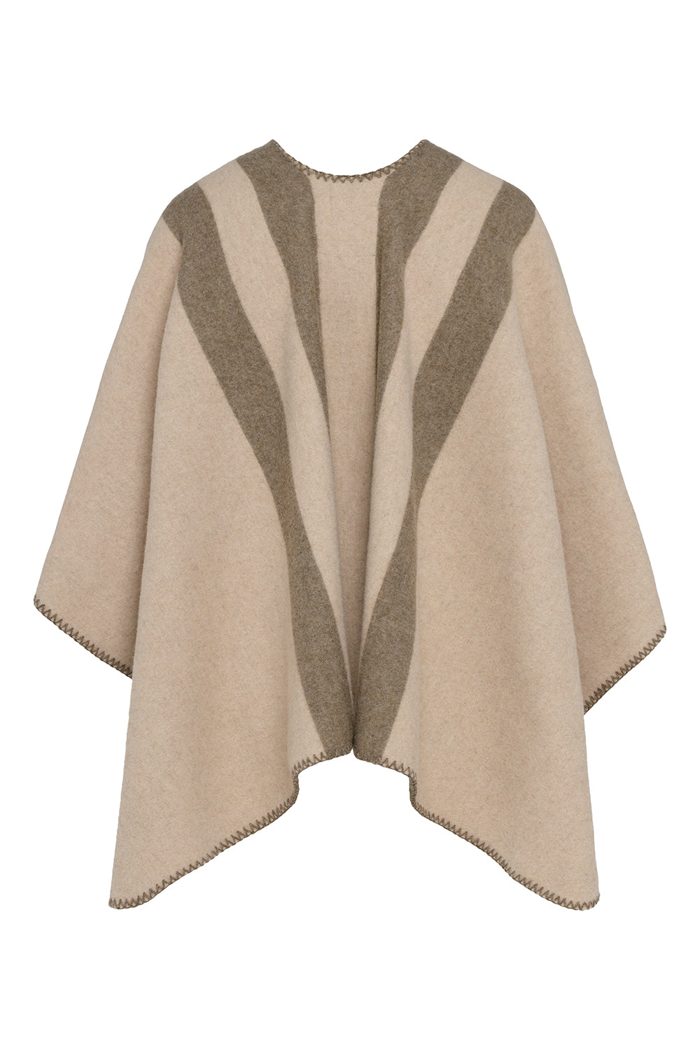 Cape réversible rayée femme éthique et responsable, en laine recyclée, made in France, beige et marron, maison izard