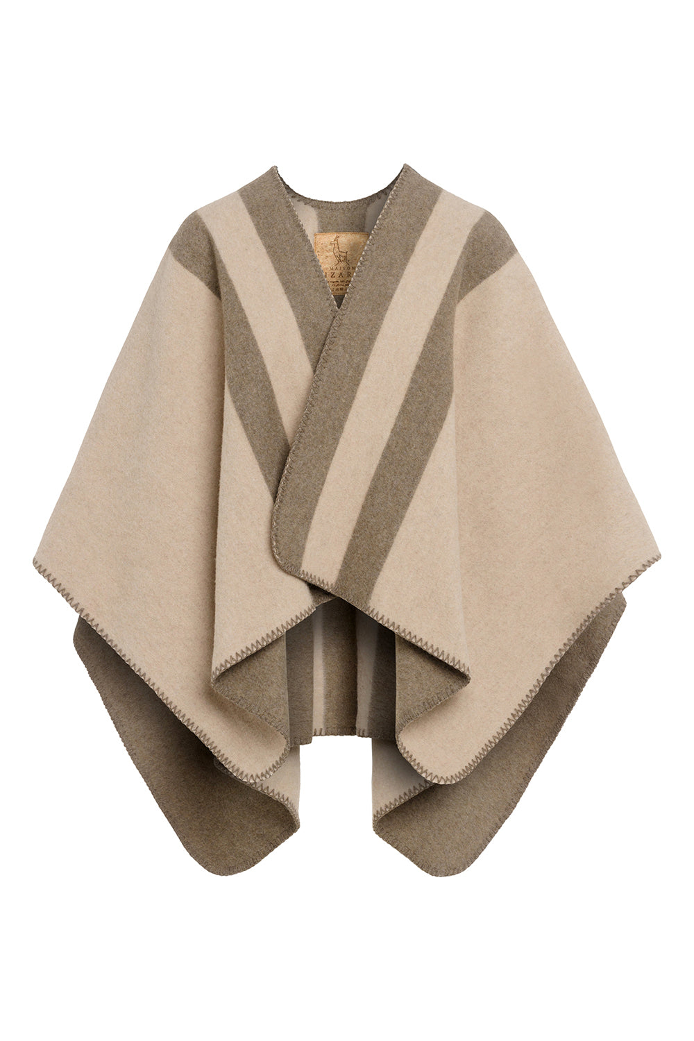 Cape réversible rayée femme éthique et responsable, en laine recyclée, made in France, beige et marron, maison izard