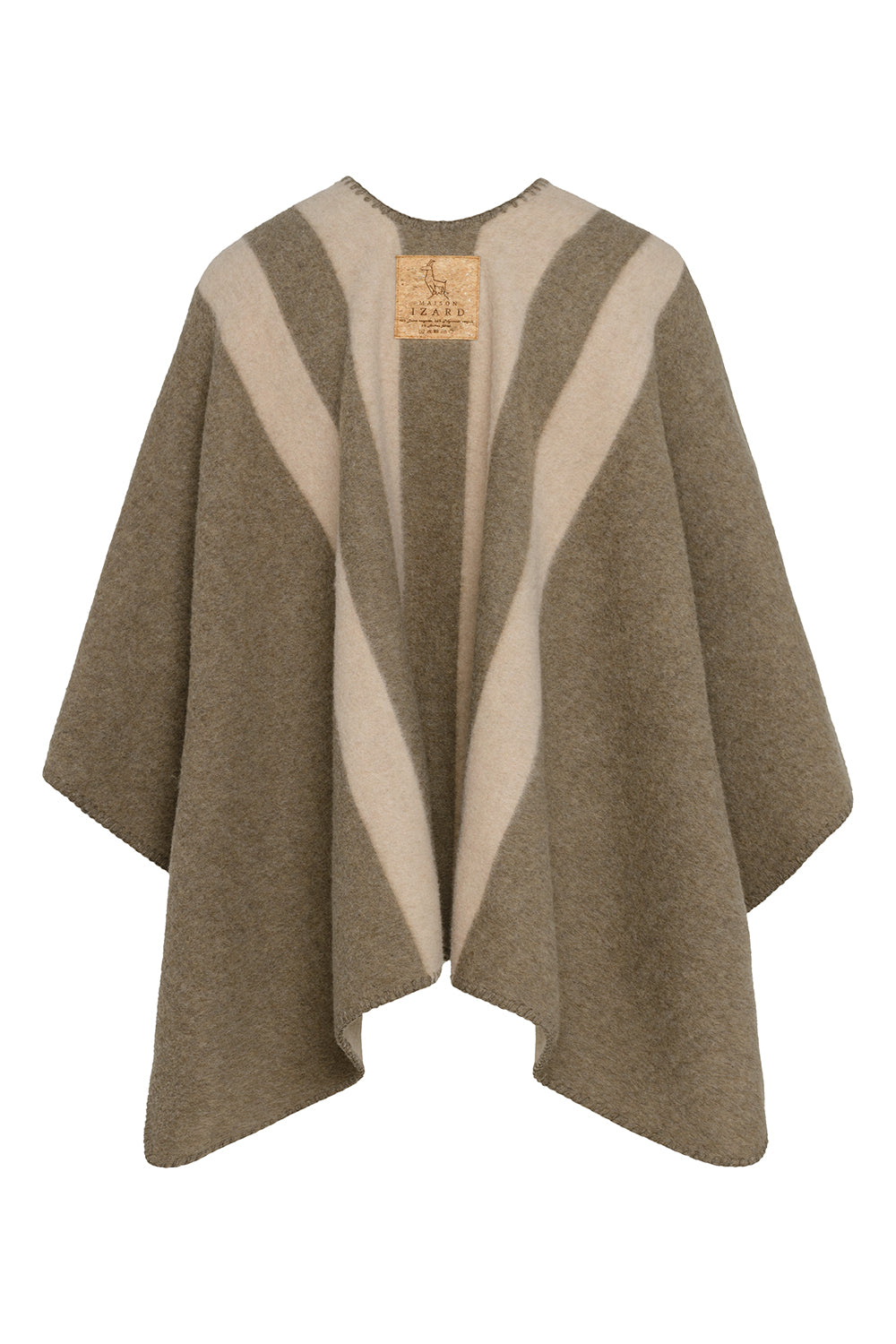 Cape réversible rayée femme éthique et responsable, en laine recyclée, made in France, beige et marron, maison izard