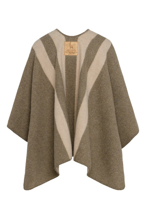 Cape réversible rayée femme éthique et responsable, en laine recyclée, made in France, beige et marron, maison izard