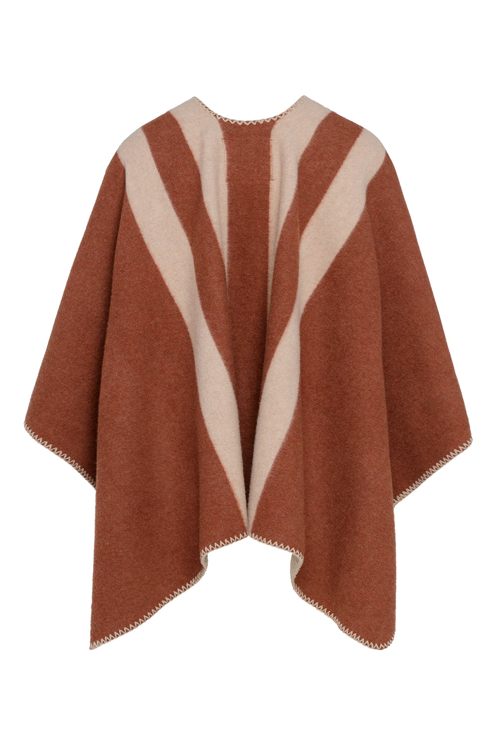 Cape poncho réversible rayée femme éthique et responsable, en laine recyclée, made in France, cognac rouge brique rouille et beige ficelle, maison izard