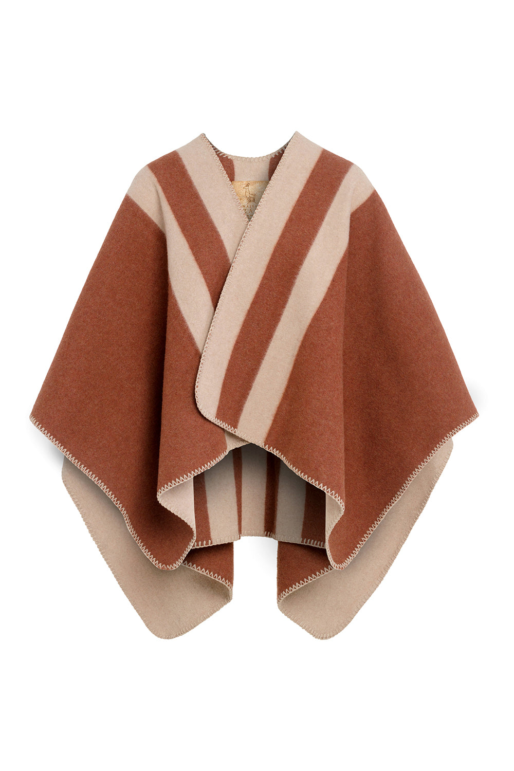 Cape poncho réversible rayée femme éthique et responsable, en laine recyclée, made in France, cognac rouge brique rouille et beige ficelle, maison izard