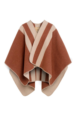 Cape poncho réversible rayée femme éthique et responsable, en laine recyclée, made in France, cognac rouge brique rouille et beige ficelle, maison izard