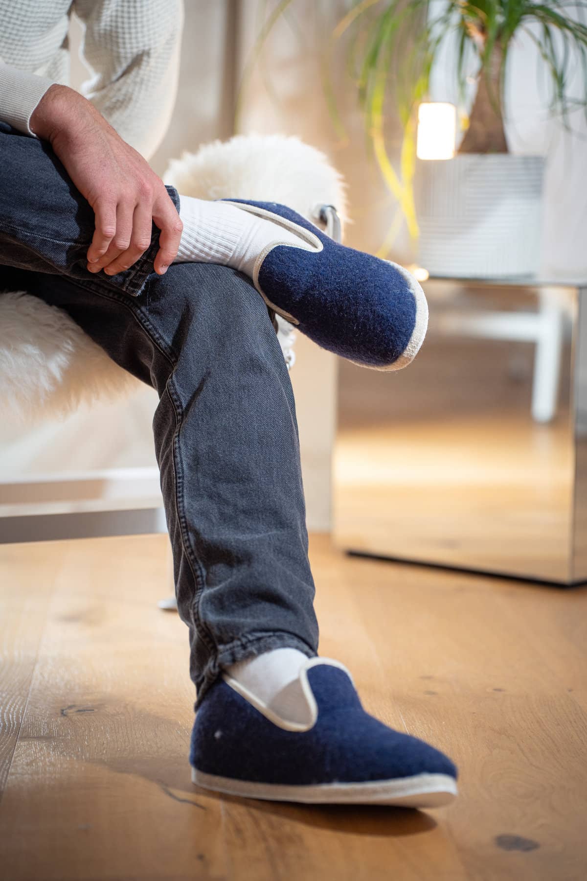 Véritables charentaises mixte en 100% laine naturelle française, bleu marine, écru, made in france, maison izard x Rivalin