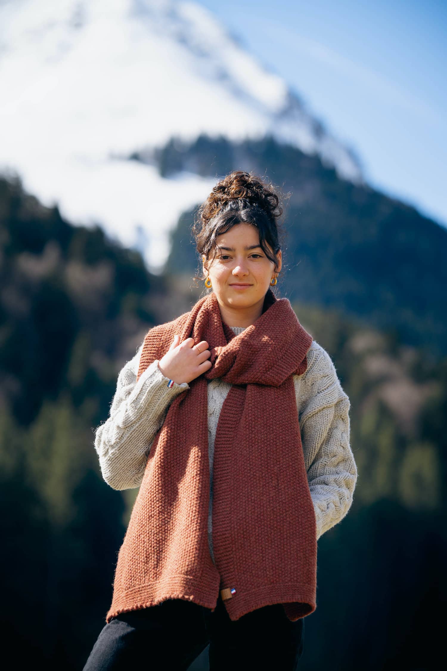 écharpe femme éthique et responsable, cognac, en laine des Pyrénées et coton recyclé, made in France, maison izard