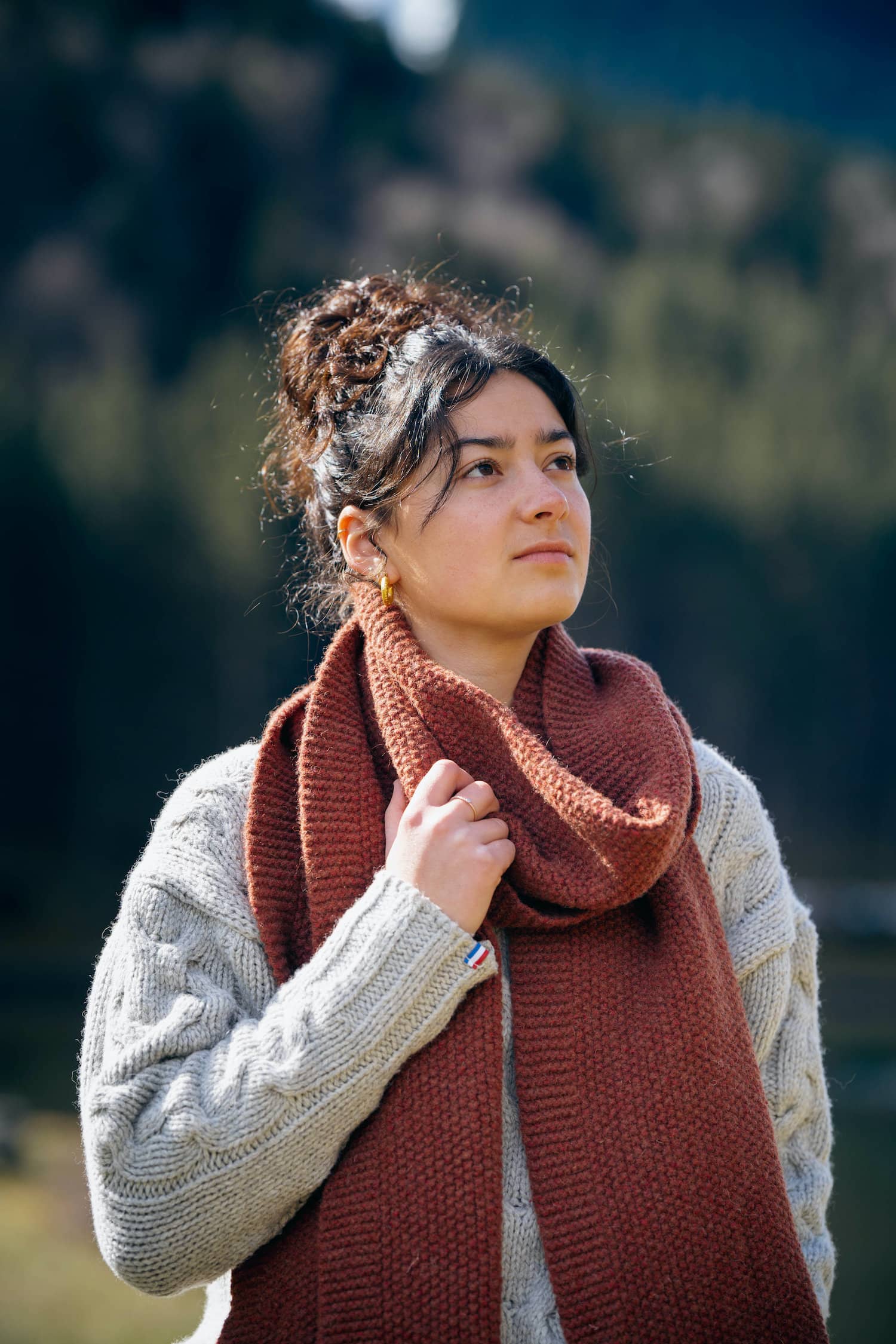 écharpe femme éthique et responsable, cognac, en laine des Pyrénées et coton recyclé, made in France, maison izard
