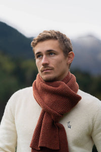 écharpe homme éthique et responsable, cognac, rouge brique, rouille, en laine des Pyrénées et coton recyclé, made in France, maison izard