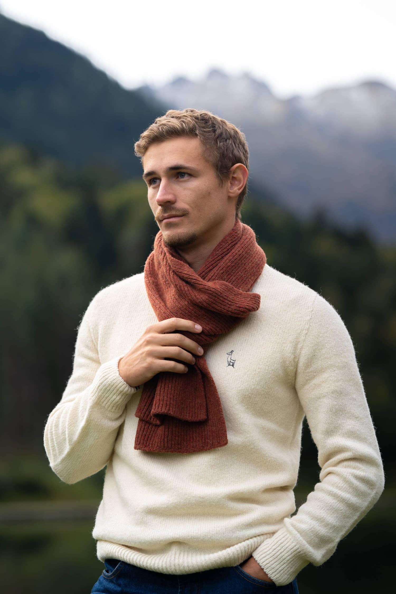 écharpe homme éthique et responsable, cognac, rouge brique, rouille, en laine des Pyrénées et coton recyclé, made in France, maison izard
