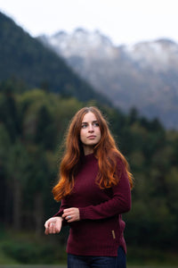 pull femme jersey éthique et responsable rouge bordeaux, en laine des Pyrénées et coton recyclé, made in France, maison izard