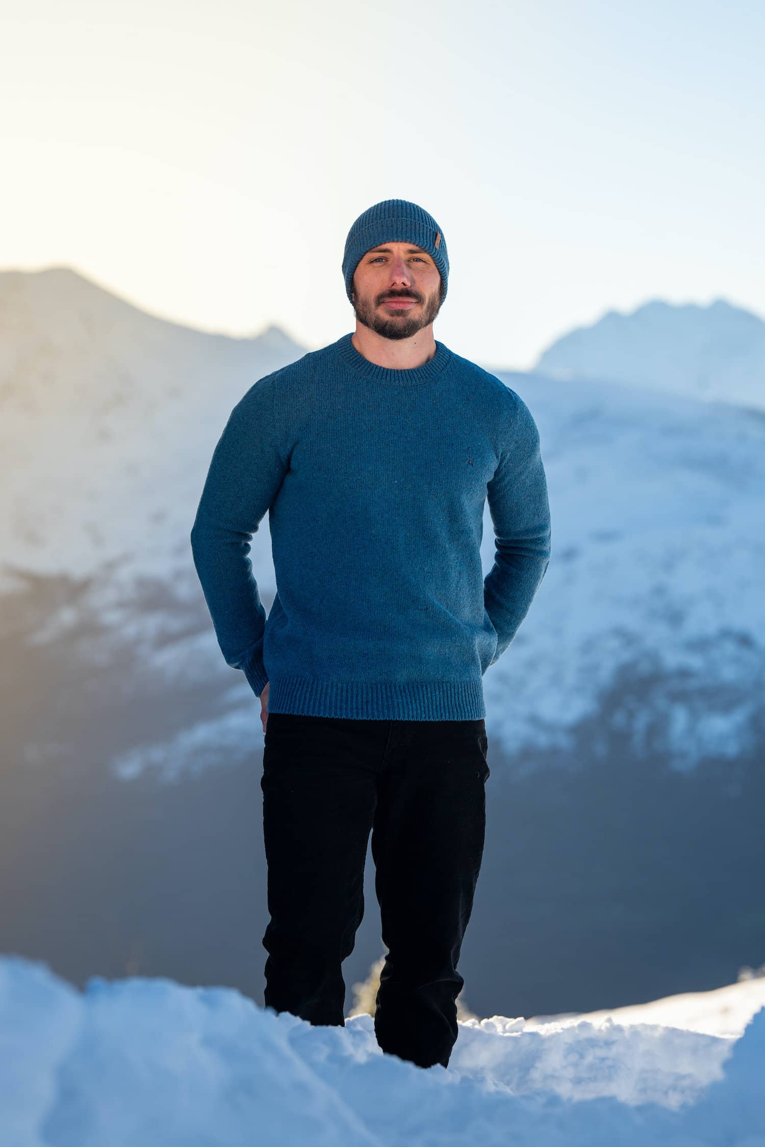 pull éthique homme col rond, bleu océan, en laine des Pyrénées et coton recyclé, made in France, maison izard