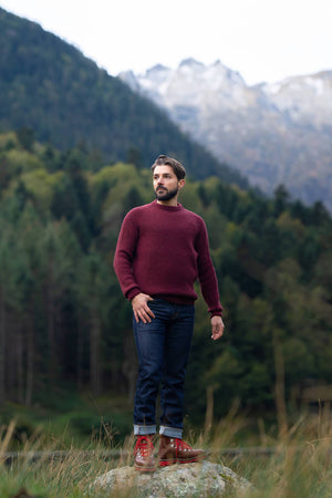 pull homme raglan épais, chaud, éthique et responsable, rouge bordeaux, en laine des Pyrénées et coton recyclé, made in France, Maison Izard