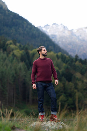 pull homme raglan épais, chaud, éthique et responsable, rouge bordeaux, en laine des Pyrénées et coton recyclé, made in France, Maison Izard