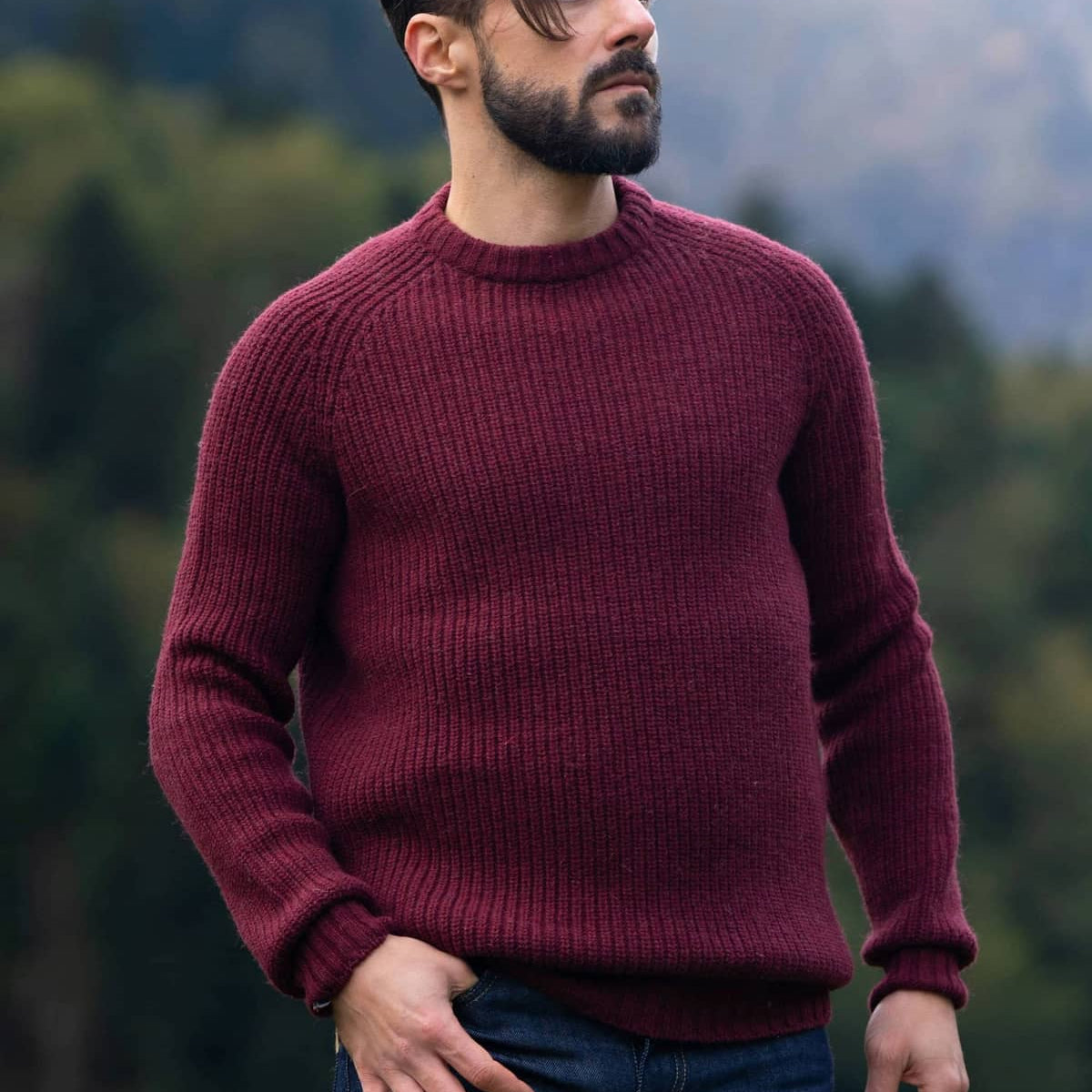 Pull Raglan Laine Rouge Bordeaux Homme Made in France