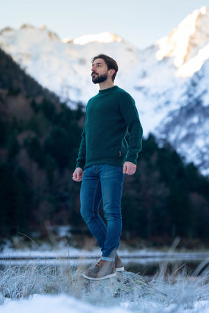 pull homme raglan épais, chaud, éthique et responsable, vert sapin, en laine des Pyrénées et coton recyclé, made in France, Maison Izard