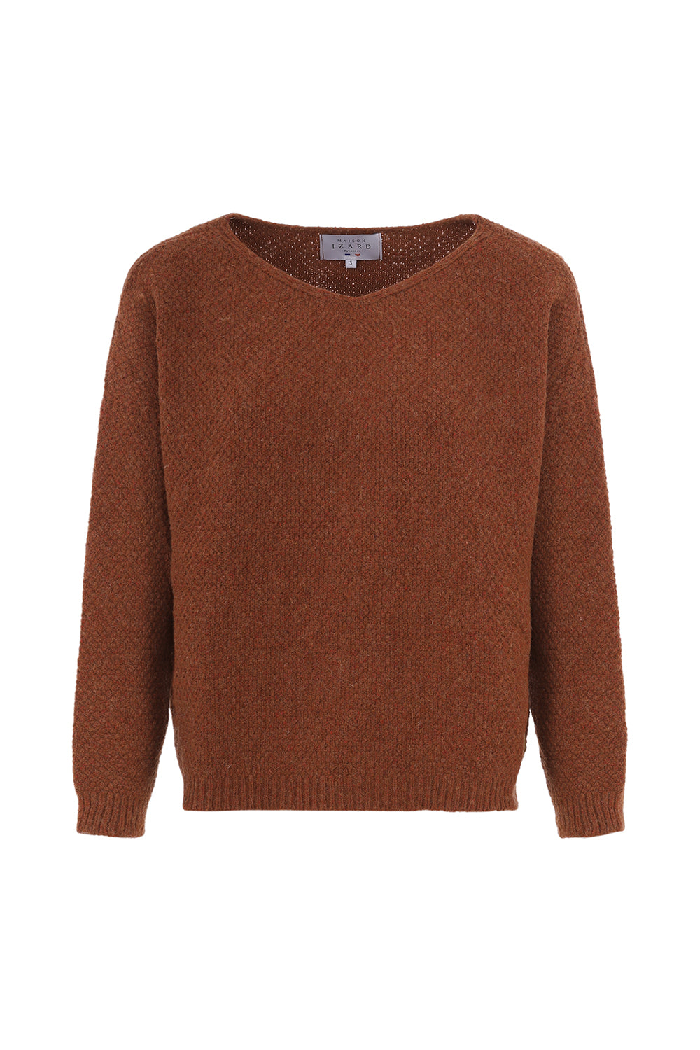 Pull femme éthique et responsable, coupe loose oversize col V rouille, en laine des Pyrénées et coton recyclé, made in France, maison Izard