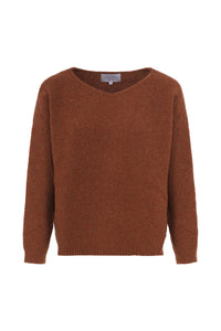 Pull femme éthique et responsable, coupe loose oversize col V rouille, en laine des Pyrénées et coton recyclé, made in France, maison Izard
