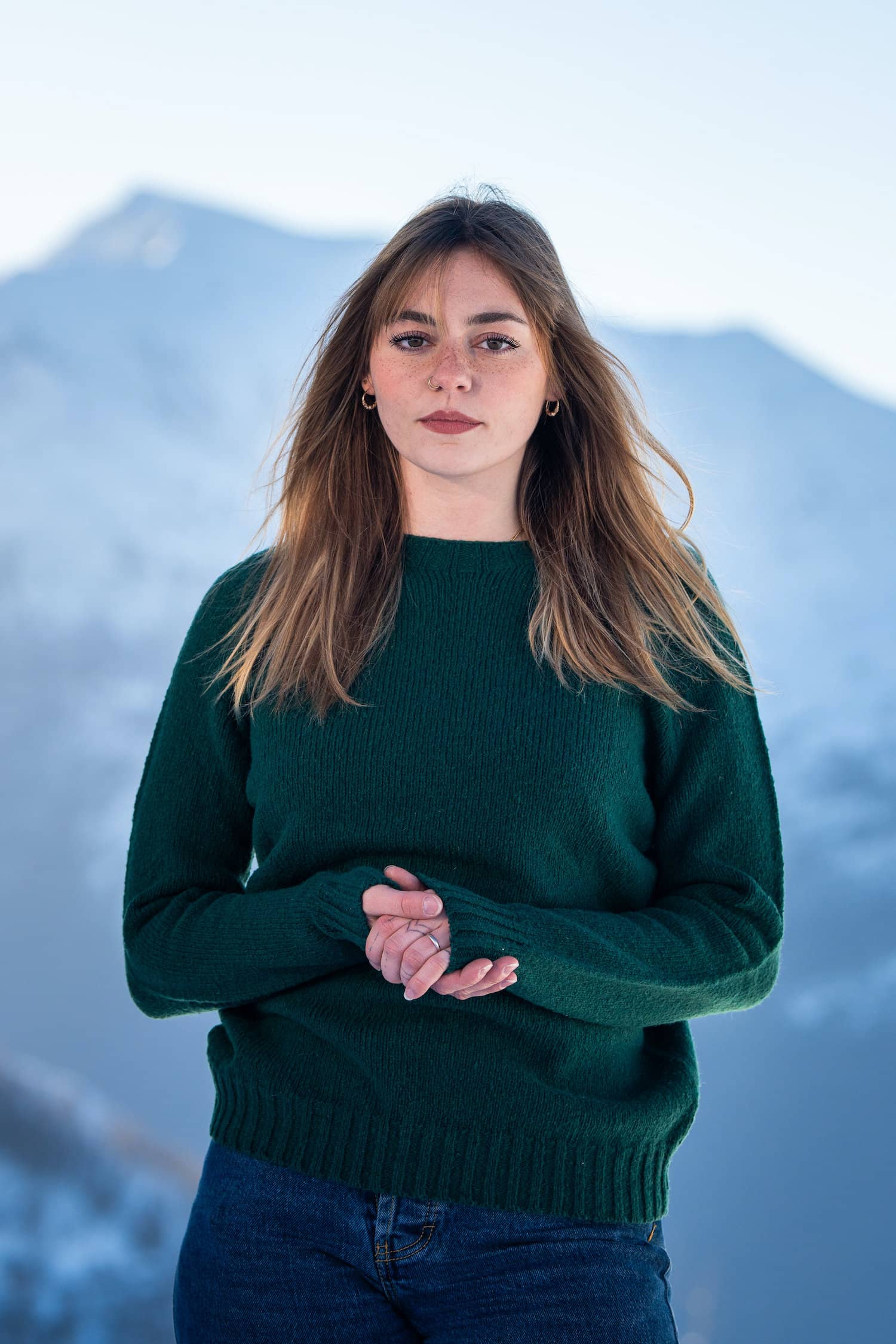 pull éthique femme col rond, coupe oversize, manches marteaux, vert sapin, en laine des Pyrénées et coton recyclé, made in France, maison izard