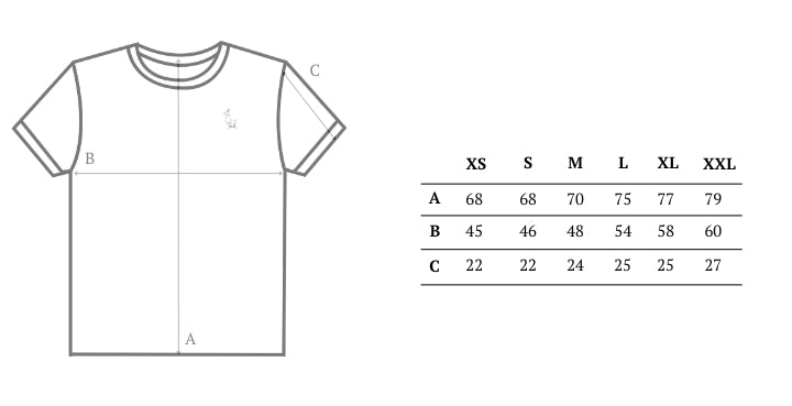Guide des tailles tee-shirt mixte en coton bio GOTS OCS100 ecocert broderie isard épais blanc et bleu marine, made in france, Maison Izard