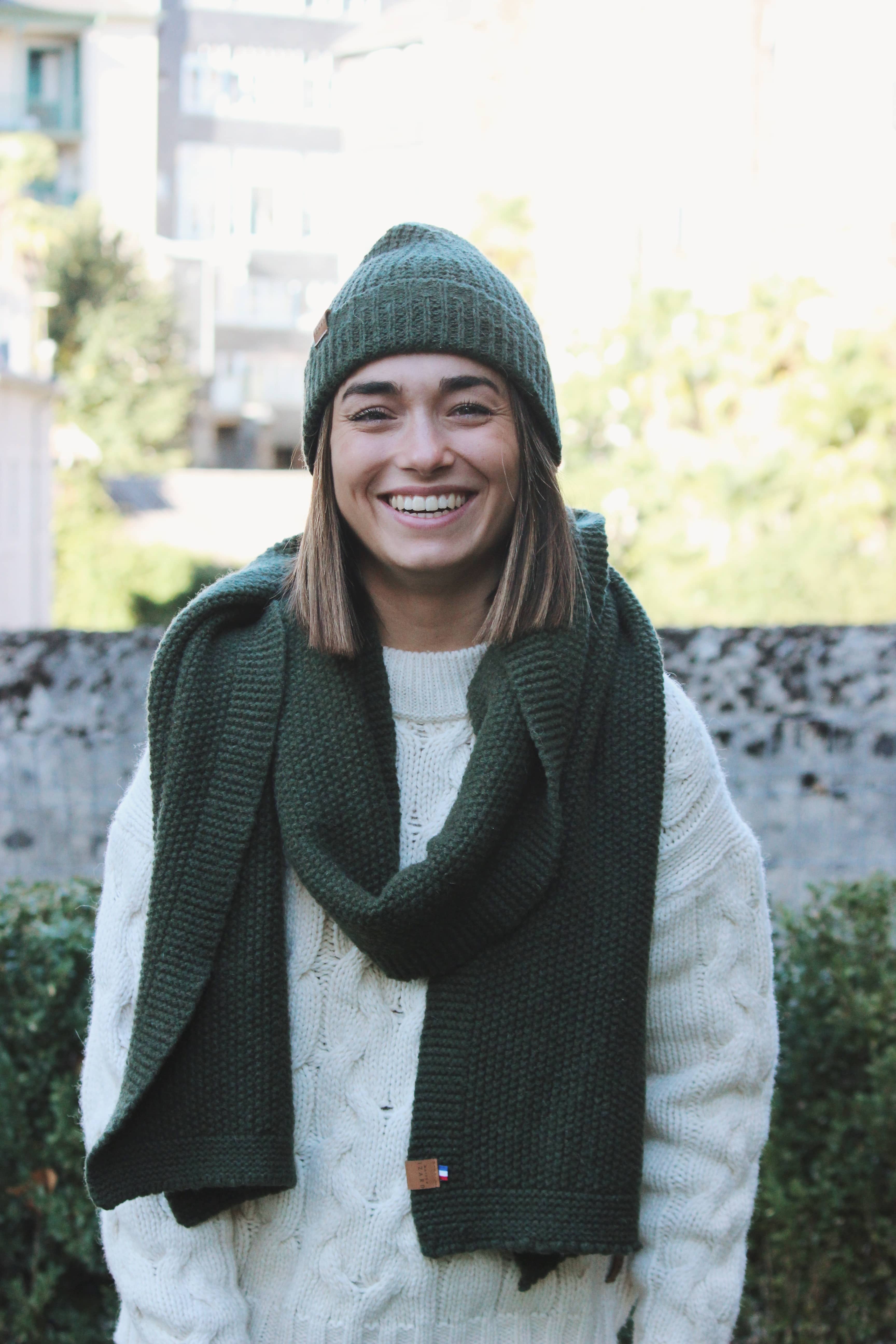 bonnet femme éthique et responsable, vert, en laine des Pyrénées et coton recyclé ♻️, made in France 🇫🇷, maison izard