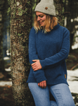 pull femme jersey éthique et responsable bleu, en laine des Pyrénées et coton recyclé, made in France, maison izard