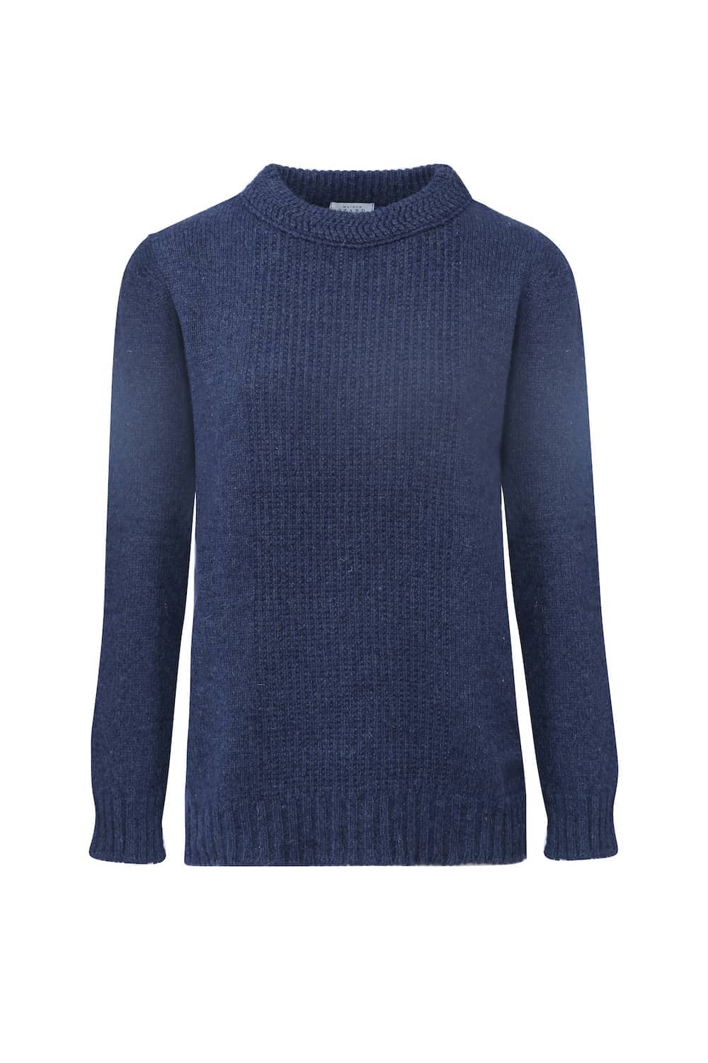 pull femme jersey éthique et responsable bleu, en laine des Pyrénées et coton recyclé, made in France, maison izard