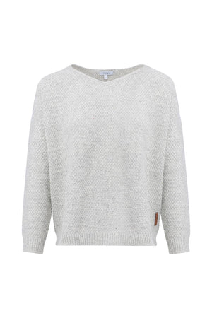Pull femme éthique et responsable, coupe loose oversize col V gris, en laine des Pyrénées et coton recyclé, Made in France, Maison Izard