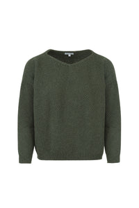 Pull femme éthique et responsable, coupe loose oversize col V vert, en laine recyclée, Made in France, Maison Izard