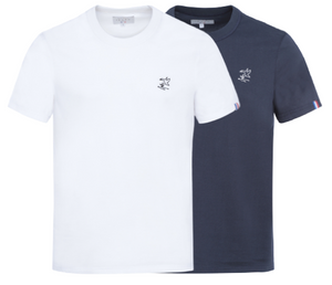 Tee-shirt mixte en coton bio GOTS OCS100 ecocert broderie canard épais blanc et bleu marine, made in france, Maison Izard Pyrénées