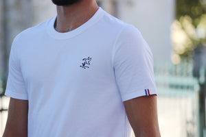 Tee-shirt mixte en coton bio GOTS OCS100 ecocert broderie canard épais blanc et bleu marine, made in france, Maison Izard Pyrénées