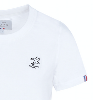 Tee-shirt femme en coton bio GOTS OCS100 ecocert broderie canard épais blanc et bleu marine, made in france, Maison Izard Pyrénées