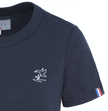 Tee-shirt femme en coton bio GOTS OCS100 ecocert broderie canard épais blanc et bleu marine, made in france, Maison Izard Pyrénées