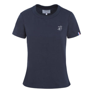 Tee-shirt femme en coton bio GOTS OCS100 ecocert broderie canard épais blanc et bleu marine, made in france, Maison Izard Pyrénées