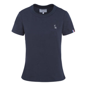 Tee-shirt femme en coton bio GOTS OCS100 ecocert broderie isard épais bleu marine, made in france, Maison Izard Pyrénées