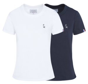 Tee-shirt femme en coton bio GOTS OCS100 ecocert broderie isard épais blanc et bleu marine, made in france, Maison Izard Pyrénées