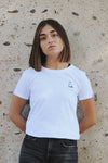 Tee-shirt femme en coton bio GOTS OCS100 ecocert broderie marmotte épais blanc et bleu marine, made in france, Maison Izard Pyrénées