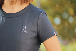 Tee-shirt femme en coton bio GOTS OCS100 ecocert broderie marmotte épais blanc et bleu marine, made in france, Maison Izard Pyrénées